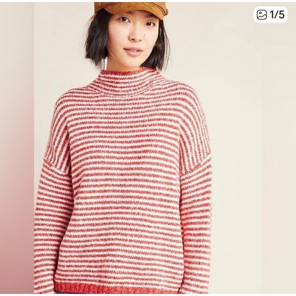 Anthropologie Sweaters - Anthropologie Striped FunnelNeck Sweater Linnea Wool Blend XL Cabincore Nautical